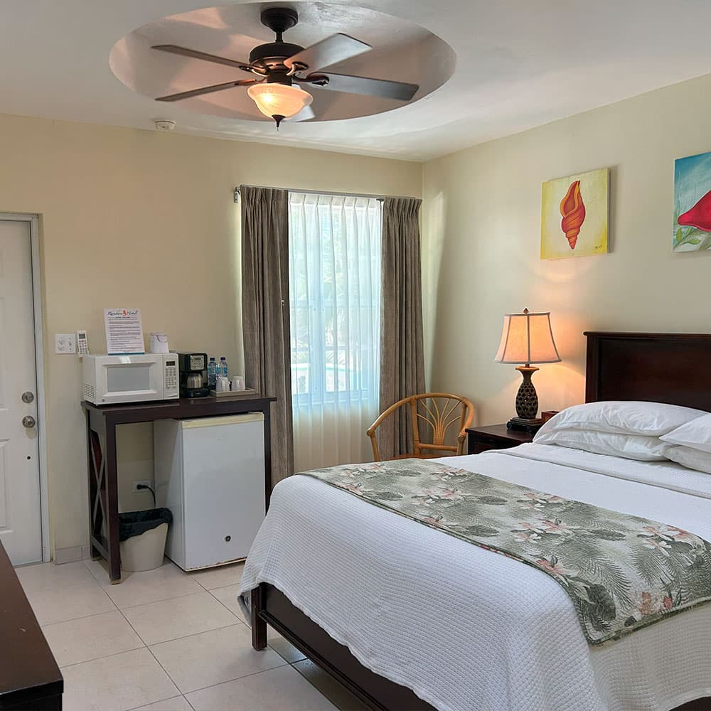 A cozy hotel room featuring a bed, lamp, chair, small fridge, microwave, and large window with curtains.
